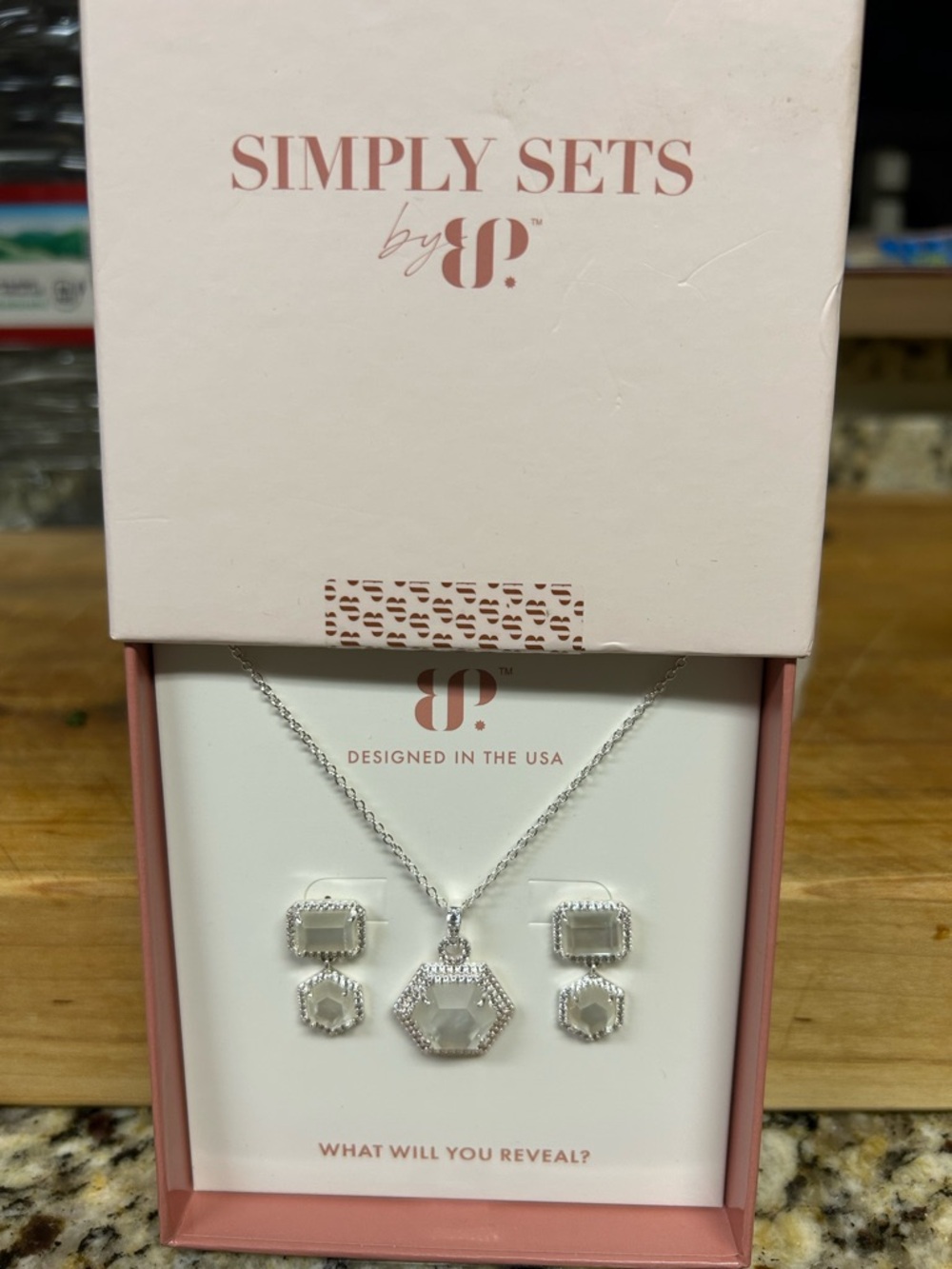 Simply Sets Silver Hexagon Crystal Pendant Necklace & Earrings Set - Clear
